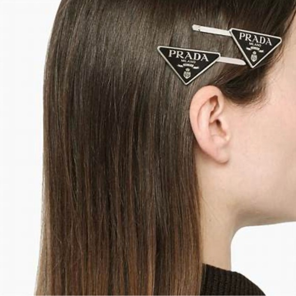 PRADA hair pins barrette black logo accessory silver set of 2 clips - Picture 3 of 3